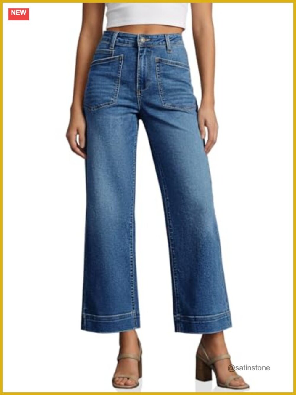 Cropped Wide Leg High Waisted Stretch Denim Ankle Jeans Frayed Hem